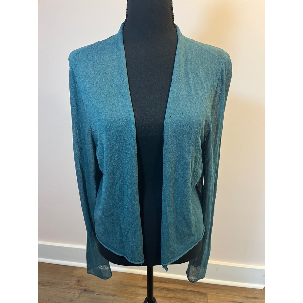 Eileen Fisher Teal Blue Sheer Knit Open Front Cardigan Italian Yarn XL